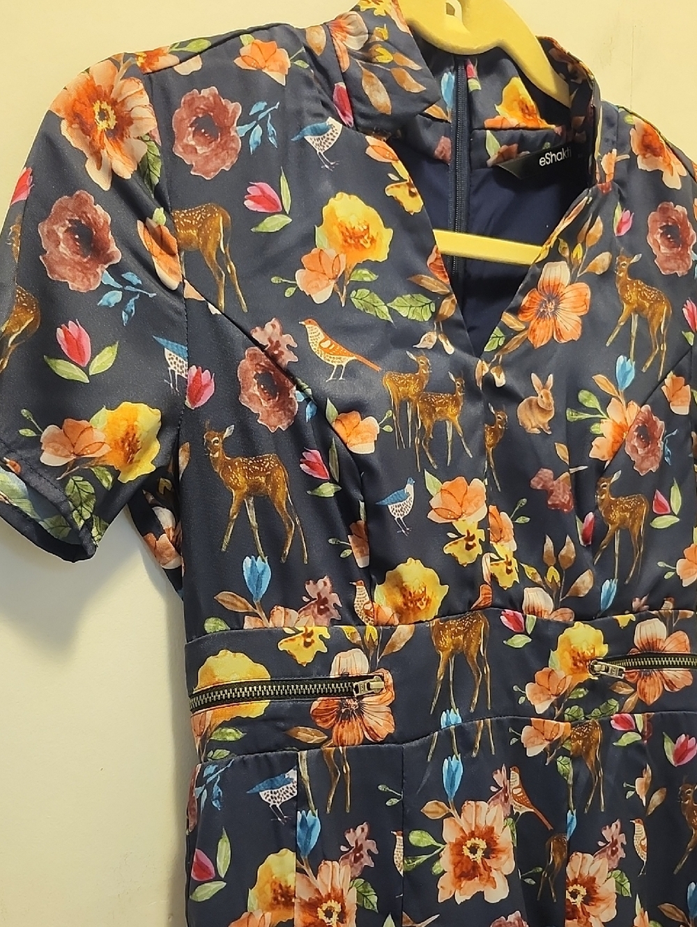 eShakti Woodland Print Dress Mini Size XS Fit & Flare Deer